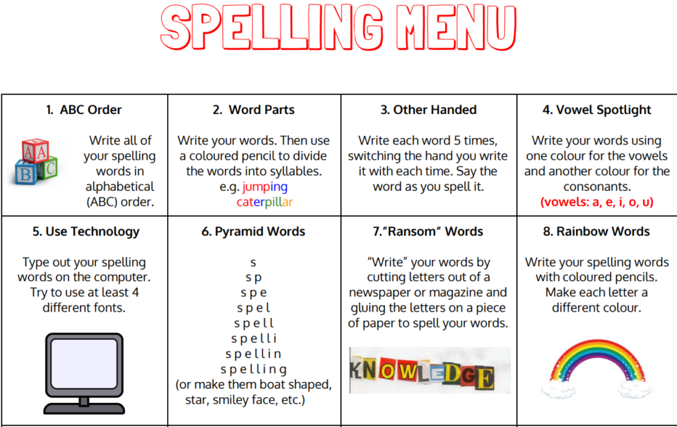 Spelling Menu Activities Windy Nook Primary School