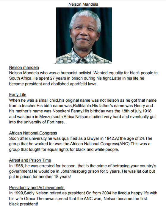 Nelson Mandela Biographies In Year 5 Windy Nook Primary School
